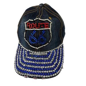 Route 66 Denim with Rhinestones Baseball Cap Retro Y2K USA American Flag